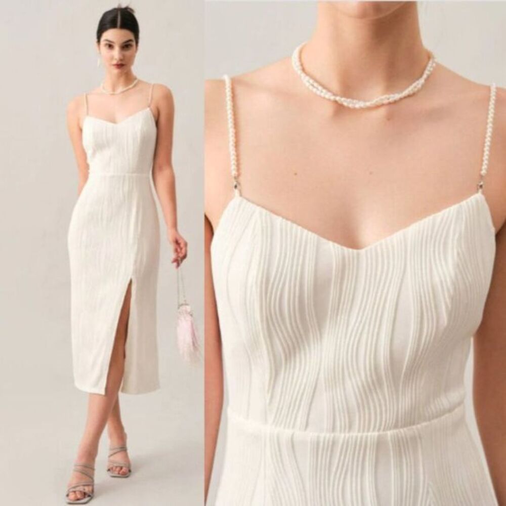 RIHOAS Cream Textured Midi Slip Dress with Pearl-Strap Detail